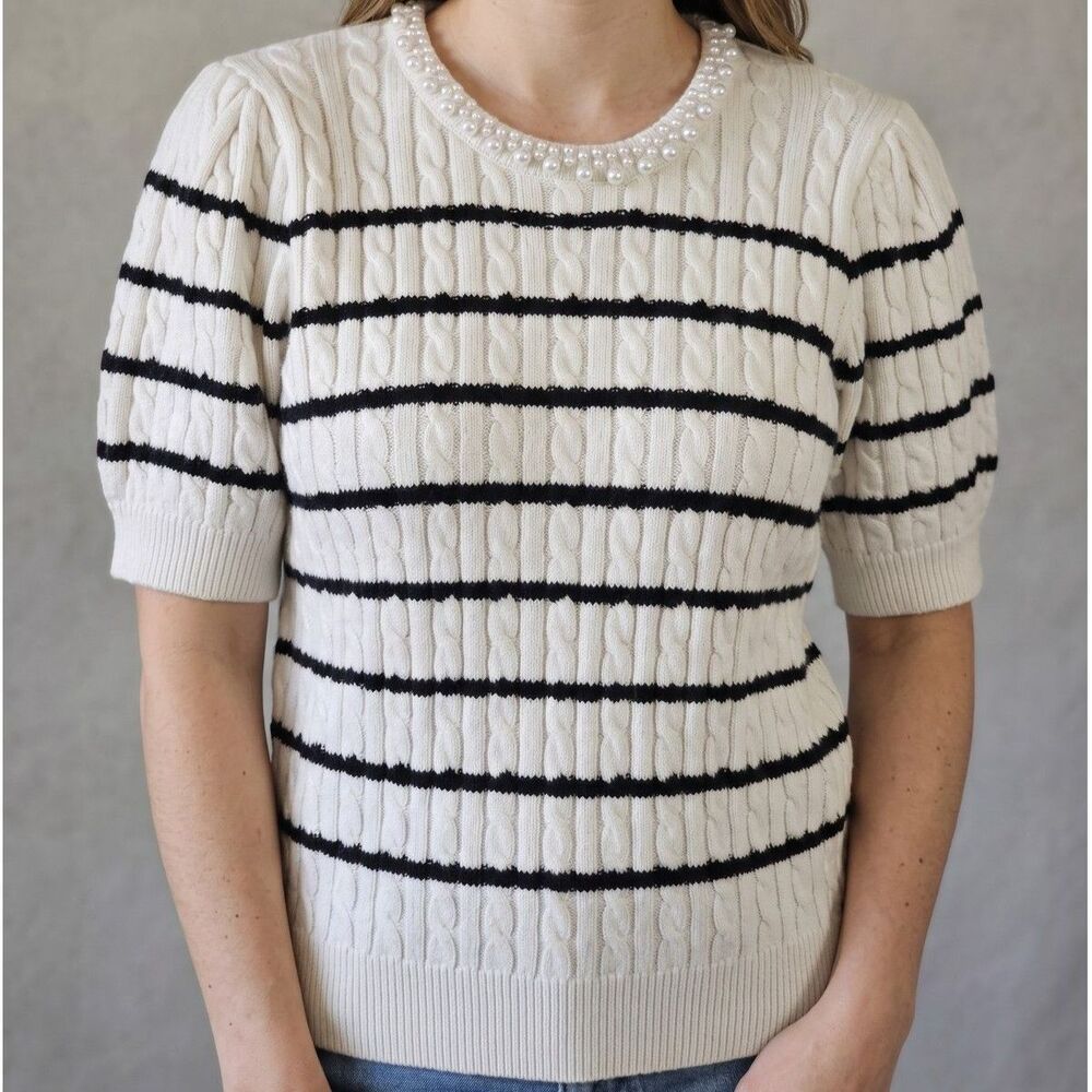 NWT CeCe XL Antique White Black Striped Cable Knit Pearl Collar Puff Top